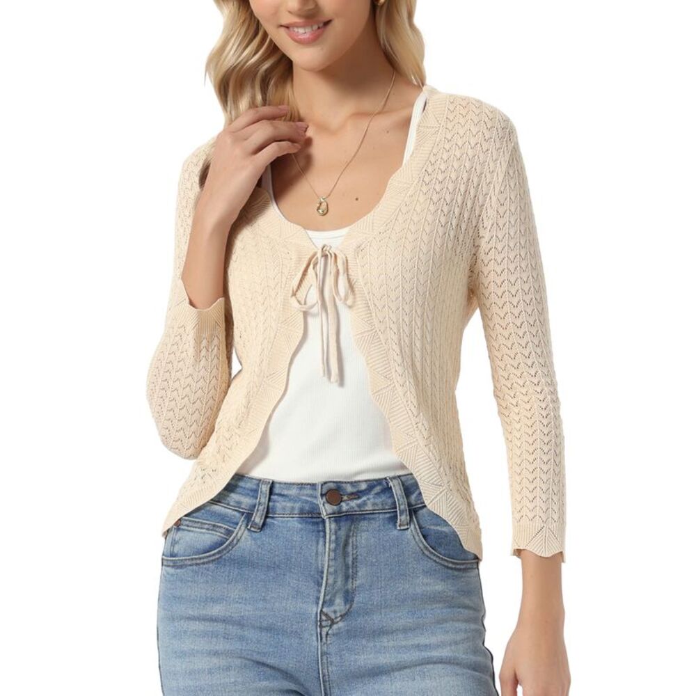 Women Crochet Tie Front Cardigan Bolero Shrug Knit Crop Tops Beige